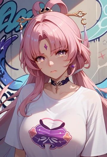 star rail,fu xuan,oversized graffiti shirt,dolphin shorts  - AI generated anime art